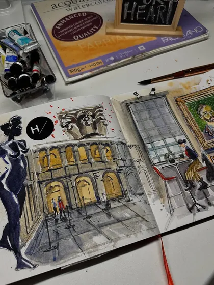 My open sketchbook at my desk, showing the completed Harvard Art Museums collage.