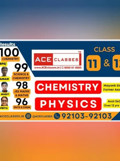 A banner celebrating the latest results for our Class 11 and 12 Science students, highlighting top scores in Chemistry and Physics. Our experienced faculty, like Mayank Sir (M.Pharm) and Amit Sir (Physics), guide students to success.