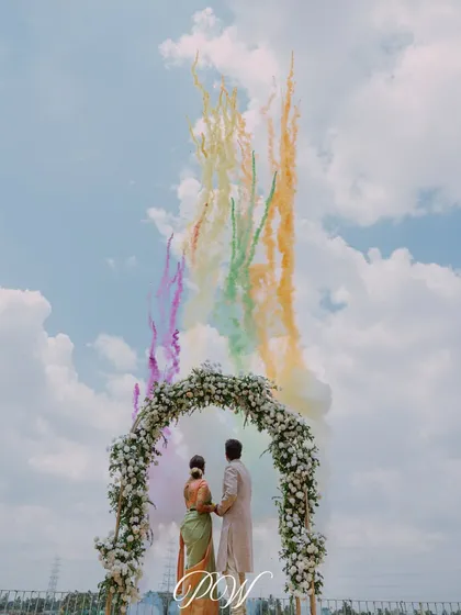 A dramatic exit with colorful smoke bombs creating a rainbow in the sky. This is how we make sure your event ends on a high note.