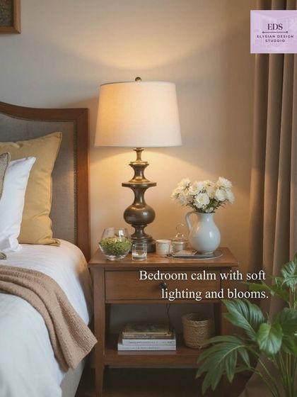 Bedroom calm created with soft lighting and fresh blooms. A classic table lamp on a wooden nightstand, paired with a simple vase of white flowers, adds a touch of elegance and serenity to this personal space.