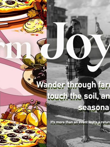 A collage promoting the joy of our farm events, combining food, nature, and movement.