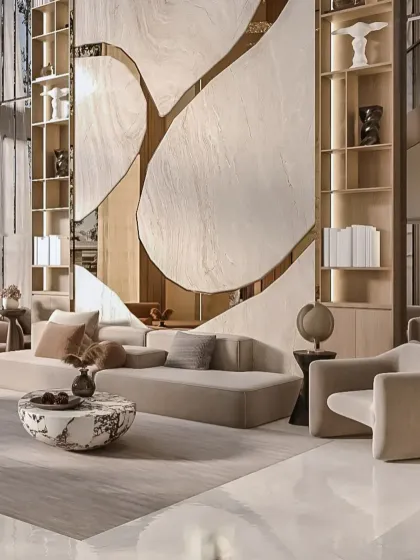 A detailed shot of the seating arrangement, focusing on the custom marble coffee table and the texture of the feature wall. This view emphasizes the layering of materials and the meticulous attention to detail in the design.