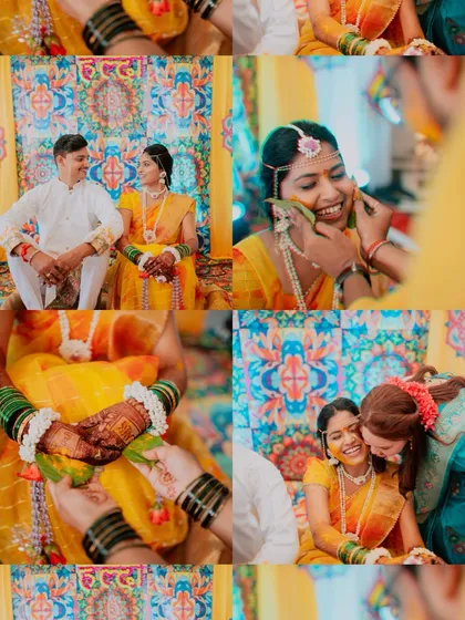 A vibrant collage of moments from a Haldi ceremony, capturing the rituals and the couple's happy interactions.