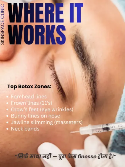 Wrinkle-relaxing treatments can be used on many areas of the face. The top zones include forehead lines, frown lines (the "11s"), crow's feet around the eyes, bunny lines on the nose, and even for jawline slimming by relaxing the masseter muscles.