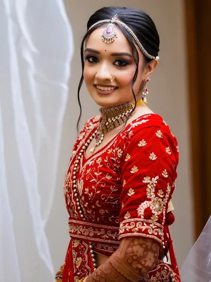 A happy and confident bride, ready for her big day. The makeup is soft yet defining, perfect for her features.