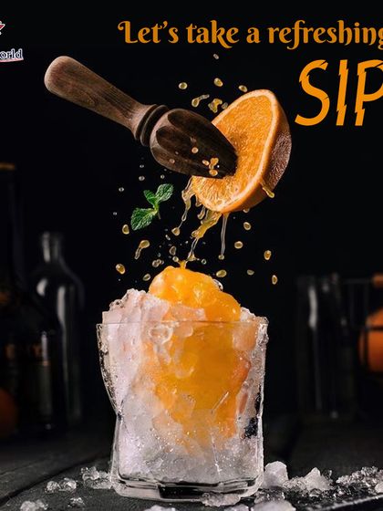Let's take a refreshing sip. This dynamic image of fresh orange being squeezed over ice is a promise of the fresh ingredients and invigorating flavors we use.