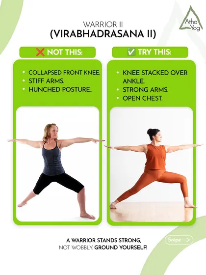 Small adjustments in your posture can make a huge difference. In Warrior II (Virabhadrasana II), for example, stacking your knee over the ankle protects the joint and engages the right muscles. My focus is on teaching you correct alignment so you can practice safely and get the most out of every pose.