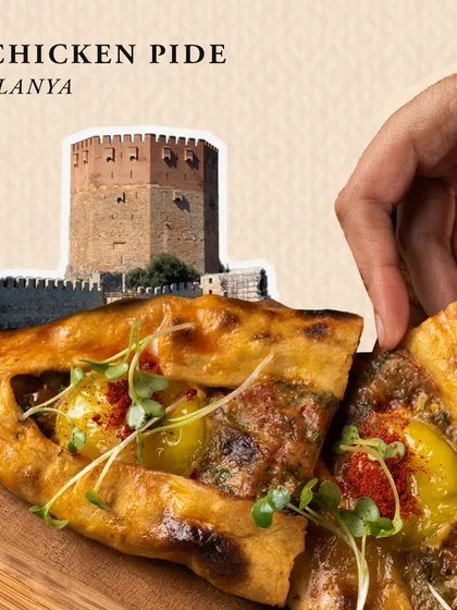 Our Chicken Pide from Alanya is a taste of the Turkish coast. This boat-shaped flatbread is filled with savory chicken and fresh toppings, baked to perfection in our ovens.