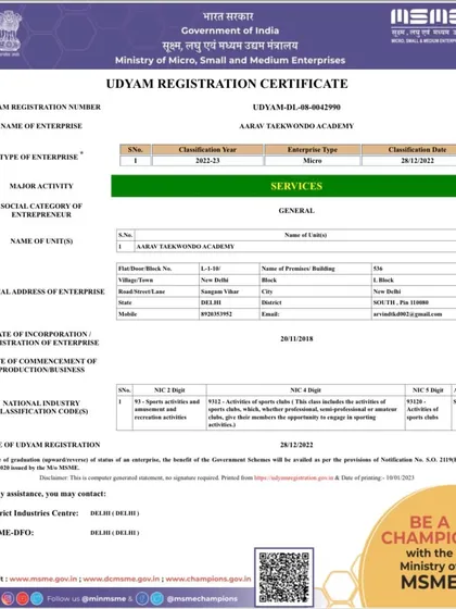My academy, Aarav Taekwondo Academy, is officially registered with the Government of India under MSME.