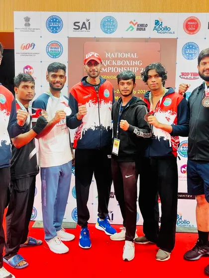 The TMA fight team at the WAKO India National Kickboxing Championship in Goa. I stand with my fighters, a proud coach with a team that brought home multiple medals through pure grit.
