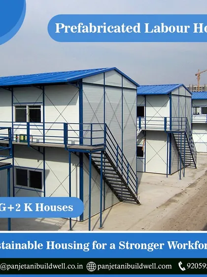 A row of our G+1 and G+2 prefabricated labour houses on a construction site. We provide sustainable and scalable housing solutions to support a stronger, more comfortable workforce.