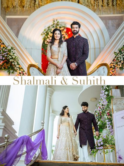 A grand entrance down a beautifully decorated staircase for an elegant engagement ceremony.