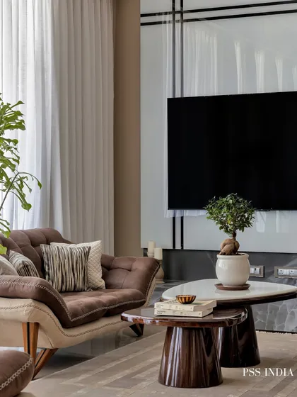 I love mixing materials to create depth. Here, a two-toned sofa with both fabric and leather upholstery sits near a sleek TV wall, while a bonsai tree on the coffee table adds an organic, sculptural element.