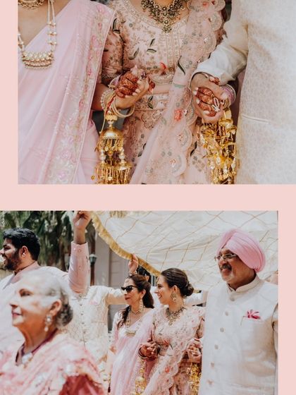 A collage showing the bride's emotional entrance with her parents, a beautiful and significant part of the wedding day.