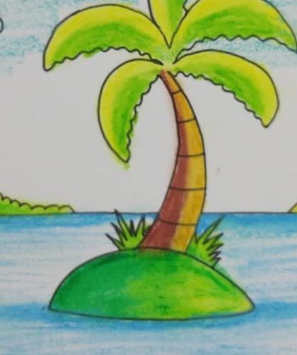 A peaceful island with a single palm tree, a simple and beautiful drawing.