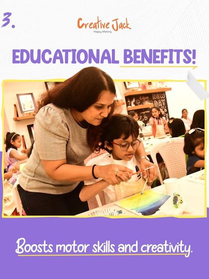 This graphic highlights the educational benefits of art, showing an instructor helping a child with his painting. My parties boost motor skills and creativity.