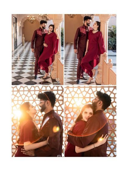 A collage of the couple in rich, matching maroon outfits. The warm sunset lighting against the intricate jaali screen creates a set of beautifully romantic and coordinated portraits.
