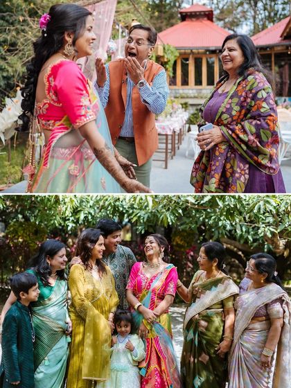 A collage of candid family moments, showing the bride and her relatives sharing laughs and conversations.