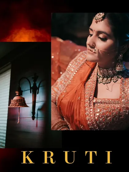 A candid shot of Kruti during her getting-ready session. Her gentle smile and the rich colors of her orange lehenga create a warm and inviting portrait.