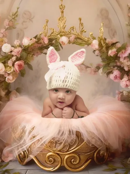 A beautiful portrait combining the princess and bunny themes. The baby wears a cute bunny hat in a royal setting surrounded by pink flowers.