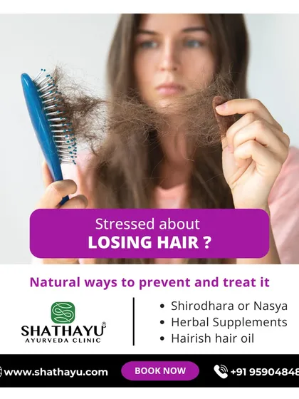 Stress-related hair loss is a common concern, particularly when linked to hormonal changes. I offer natural ways to prevent and treat it, including Shirodhara, Nasya, herbal supplements, and specialized hair oil.