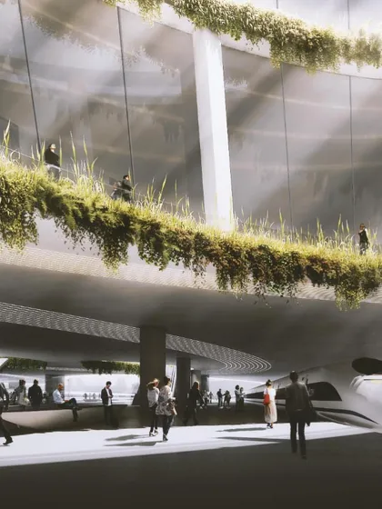 A view from the train platform, looking up at the multi-level concourse with its integrated greenery, creating a unique and pleasant station environment.