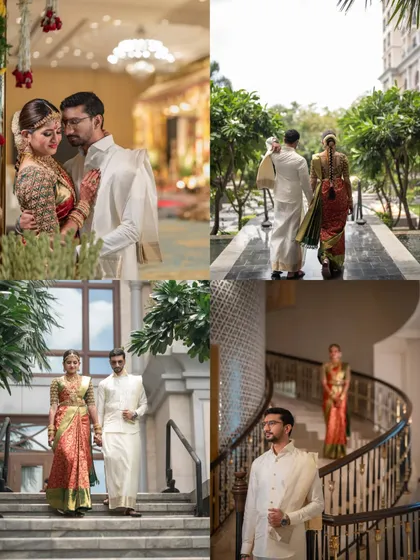 A collage of romantic moments from this South Indian wedding. It showcases different angles of the couple's coordinated outfits, from the bride's silk saree with an embroidered blouse to the groom's simple yet elegant veshti.