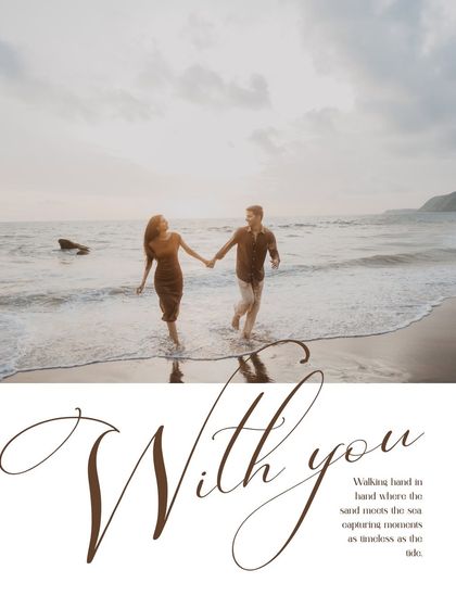The couple walks hand-in-hand through the gentle surf. This shot, combined with elegant typography, creates a timeless and romantic save-the-date or album image.