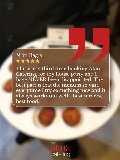 A repeat client, Nriti Bagla, shares her experience after booking us for the third time. She highlights our vast menu, consistent quality, and the excellence of our servers and food.