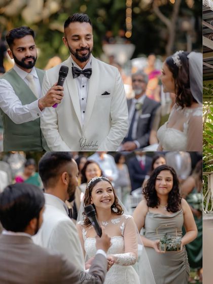A collage capturing the emotional moments of a wedding ceremony. The photos show the couple exchanging vows and sharing smiles, surrounded by their loved ones.