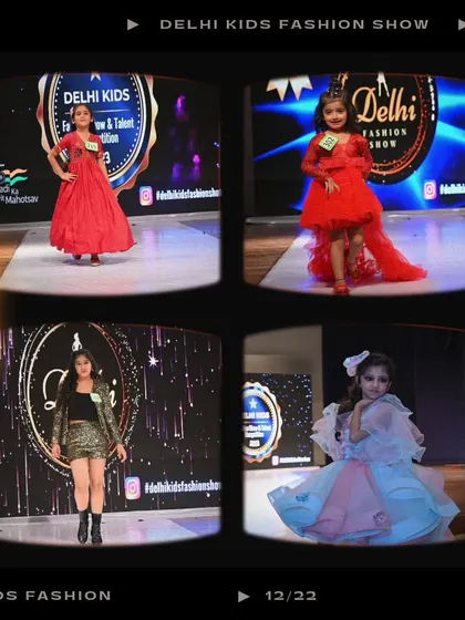 A showcase of glamour and style, featuring bold red gowns and a shimmery gold outfit. These kids are ready for the fashion big leagues.