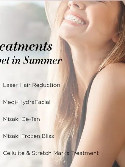This graphic lists my recommended treatments to protect and repair your skin during the summer. In addition to laser hair reduction, I offer services like Medi-HydraFacial and Misaki De-Tan.