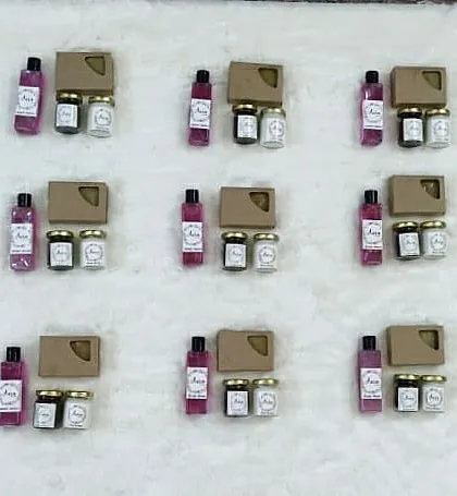 I love creating return gifts for special events like this Mehendi ceremony. These favors include my Lavender body wash, coffee scrub, Shea butter, and a Multani mitti soap, all beautifully packaged for guests.
