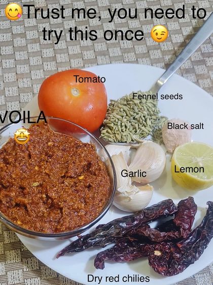 A simple, homemade chutney made from fresh tomatoes, garlic, dry red chilies, and fennel seeds. Using fresh ingredients to make your own condiments is a great way to add flavor and nutrients to your meals without relying on store-bought sauces.