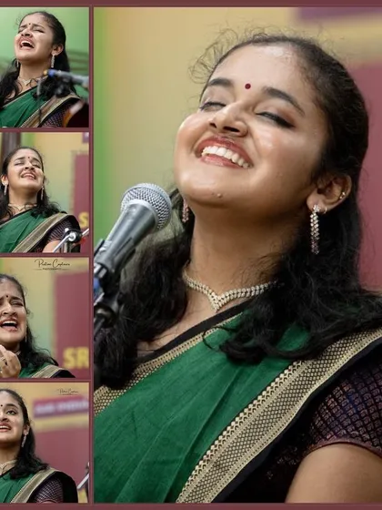 A collage capturing different expressions during a single concert. A kutcheri takes you through a range of emotions, from joyful and energetic pieces to deep, contemplative ones, and I love sharing that entire spectrum.