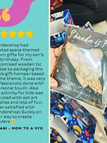 A happy parent's review of our space-themed return gifts. We created a custom wooden tic-tac-toe game and packaged it to match the theme, making it a personal and professional touch.