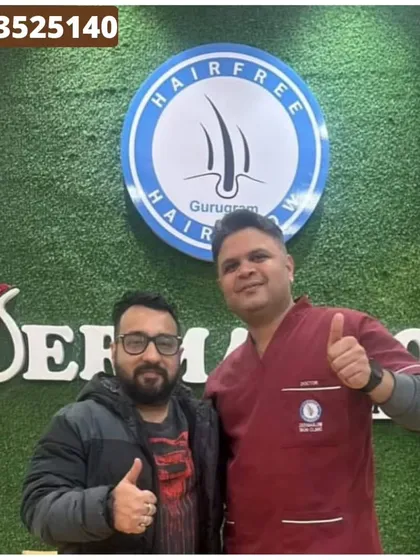 A satisfied client pictured with Dr. Santpal Sangwan after a Hair PRP treatment session. We pride ourselves on building trust and ensuring our clients are comfortable and happy with their hair restoration journey.