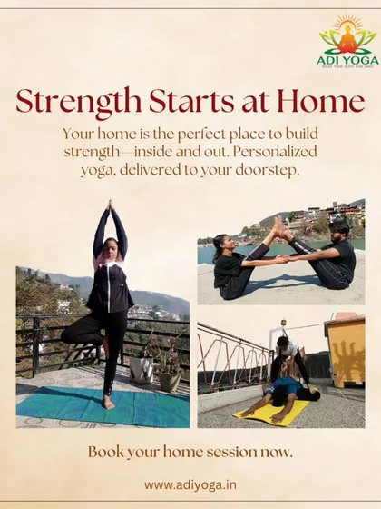 Strength truly starts at home. This collage shows the variety of sessions I offer, from individual practice and partner yoga to assisted stretching, all designed to build your strength from the inside out.