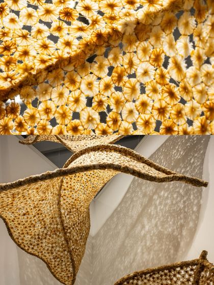 This split image displays the sculpture's texture under direct light and its elegant form from a distance. It demonstrates how the work changes based on the viewer's proximity and the lighting conditions of the space.