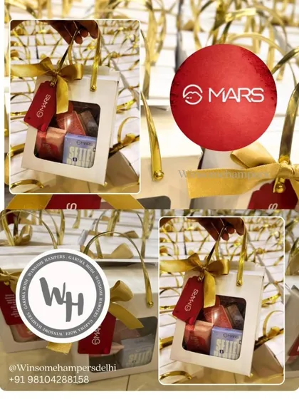 This collage provides multiple views of the influencer hampers I created for Mars Cosmetics. It highlights the consistent branding, from the custom tags to the gold ribbon, ensuring every package is ready for its social media debut.
