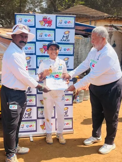 Sumit Doliya receiving his 'Man of the Match' award for a 5-wicket haul in the MI Junior Interschool Tournament. We build lethal bowlers here.