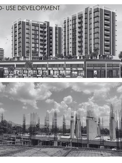 A collage comparing the architectural render to the on-site construction of a mixed-use development in Palghar. This illustrates our work in expanding urban centers, bringing modern residential and retail spaces to growing communities.