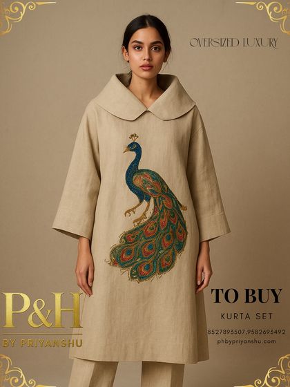 A full-length view of the beige linen kurta set, highlighting its comfortable, flowing silhouette and the striking contrast of the vibrant embroidery.