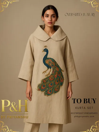 A full-length view of the beige linen kurta set, highlighting its comfortable, flowing silhouette and the striking contrast of the vibrant embroidery.