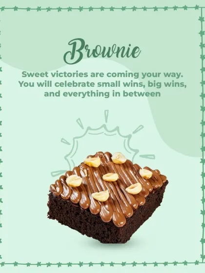 A sweet prediction for your future. This fudgy brownie is drizzled with Nutella and topped with crunchy hazelnuts, promising sweet victories ahead.