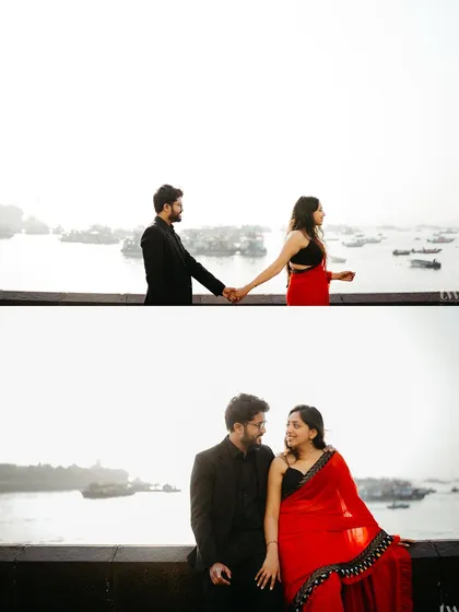 A diptych capturing a couple's quiet romance at the Gateway of India. The top frame shows them holding hands against the sea, while the bottom frame is an intimate portrait of them sitting together, sharing a gentle look.