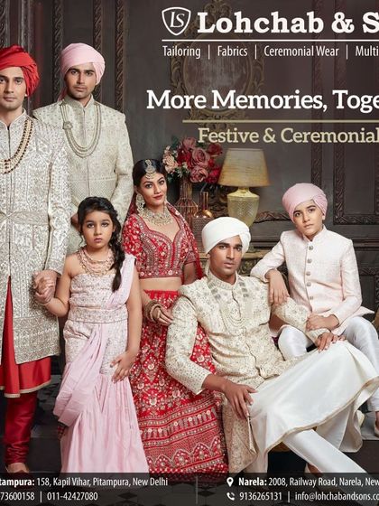More memories, together. We believe in creating outfits for the entire family, helping you celebrate your most cherished moments in style. This image captures a beautiful family dressed in our coordinated festive and ceremonial wear.