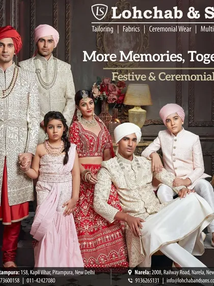 More memories, together. We believe in creating outfits for the entire family, helping you celebrate your most cherished moments in style. This image captures a beautiful family dressed in our coordinated festive and ceremonial wear.