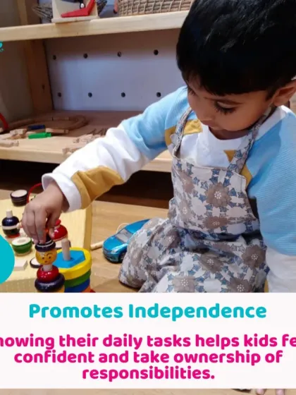 A toddler focused on a stacking toy. These classic wooden toys are excellent for promoting independence and developing hand-eye coordination.