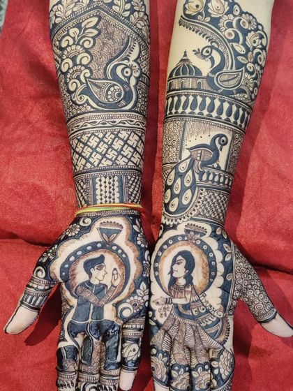 A modern take on a couple portrait, showing the groom proposing with a ring, surrounded by peacock and floral designs.